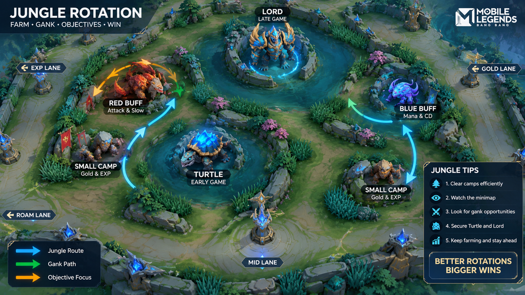 Mobile Legends beginner jungle rotation and objective tips